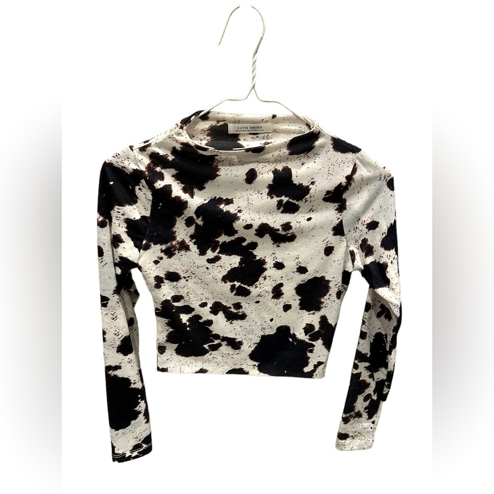 12th Tribe Women's Long Sleeve Marble Print Crop Top MB2 White Small NWT